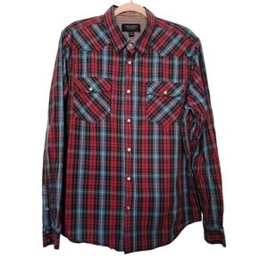 Heritage1981 Mens XL Red/Blk/Blue Plaid Long Sleeve Pearl Snap Button Down Shirt